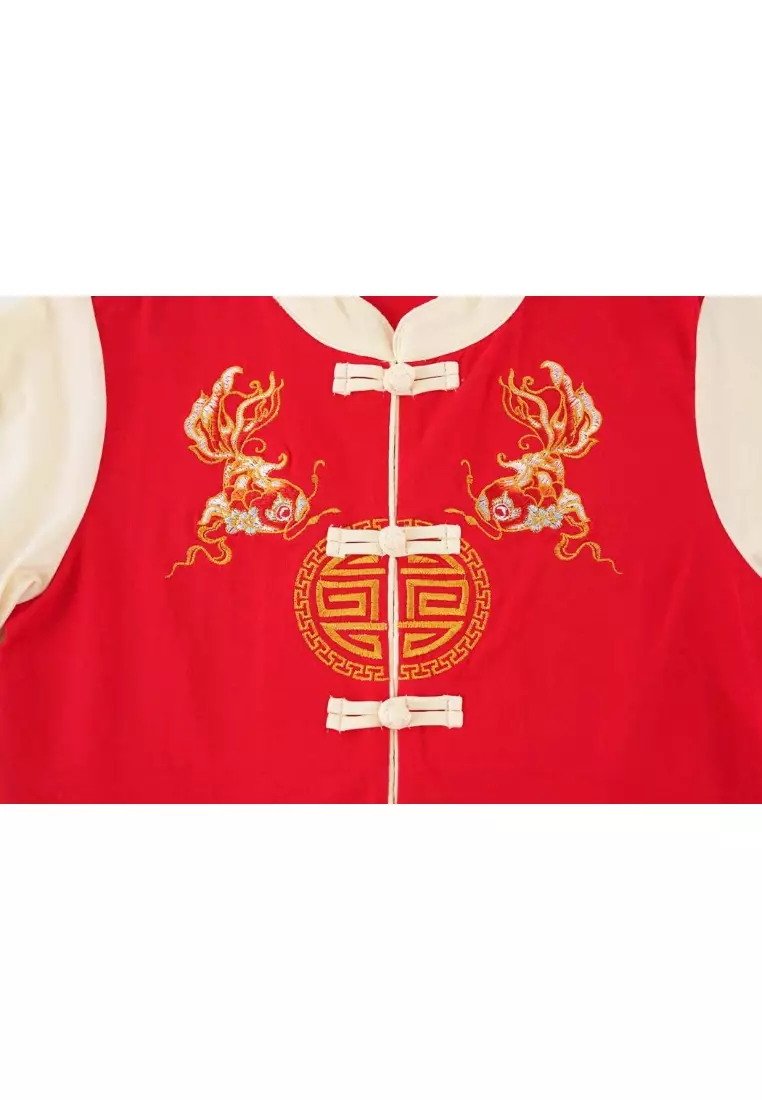 財富和諧紅色家庭裝金魚刺繡嬰兒男童唐裝漢服套装上衣與短褲春節中國拜年裝0835