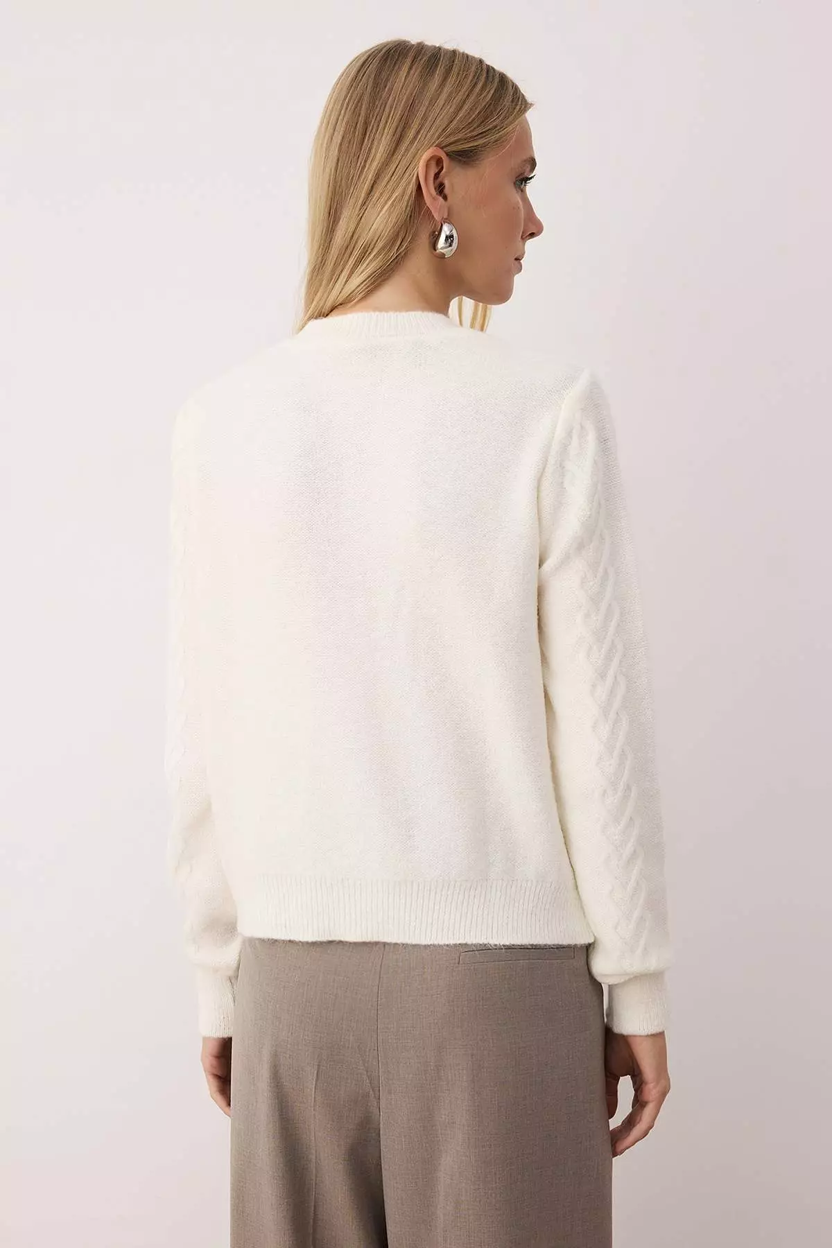 Ecru Knit Button Detailed Soft Textured Knitwear Cardigan