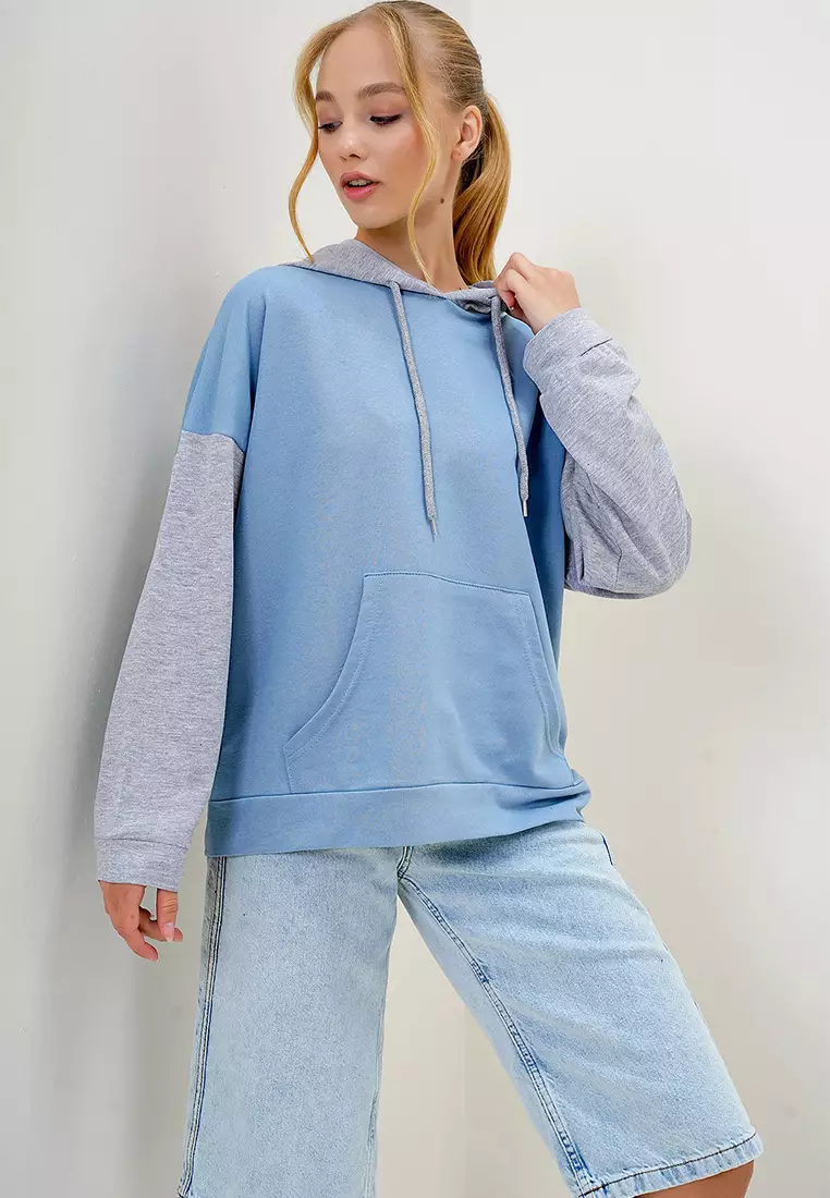 Women's Blue Inner Framed Color Block Oversized Hooded Sweatshirt Alc-X4977