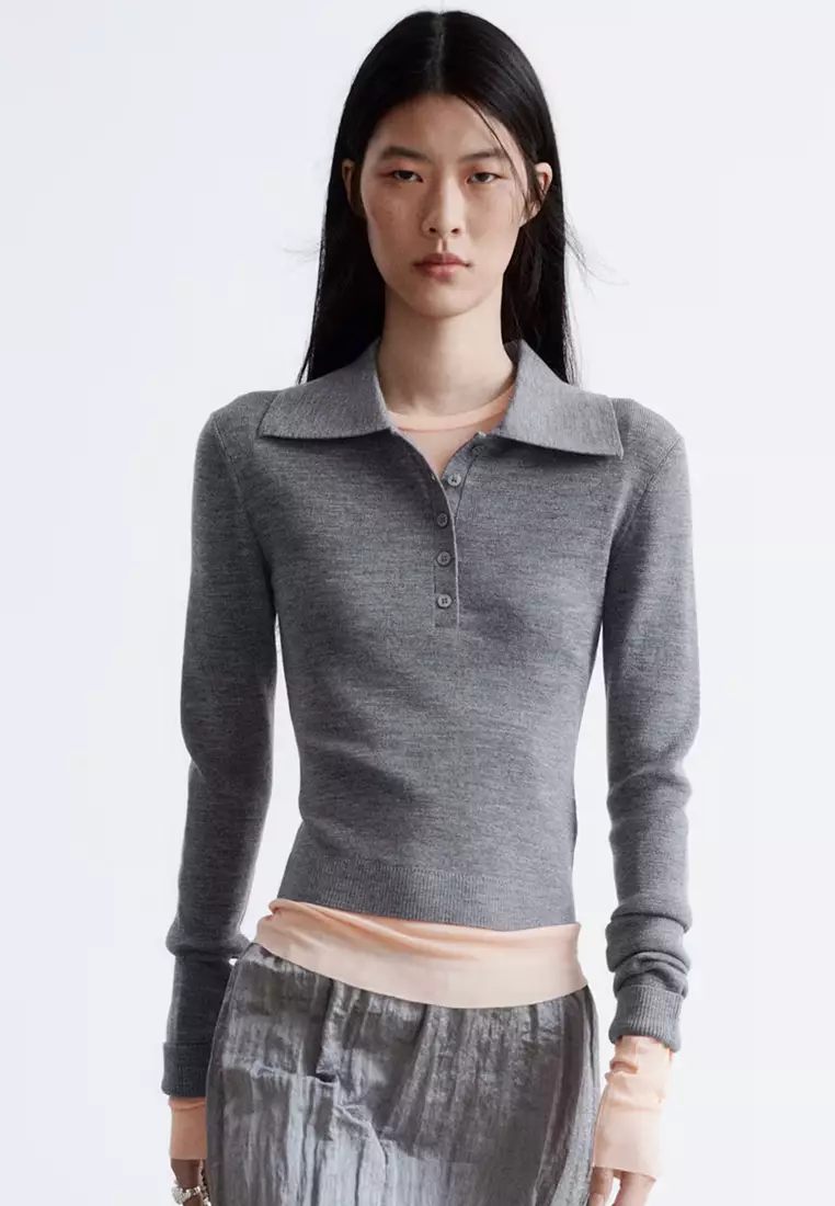Rib-Knit Merino Wool Polo Top