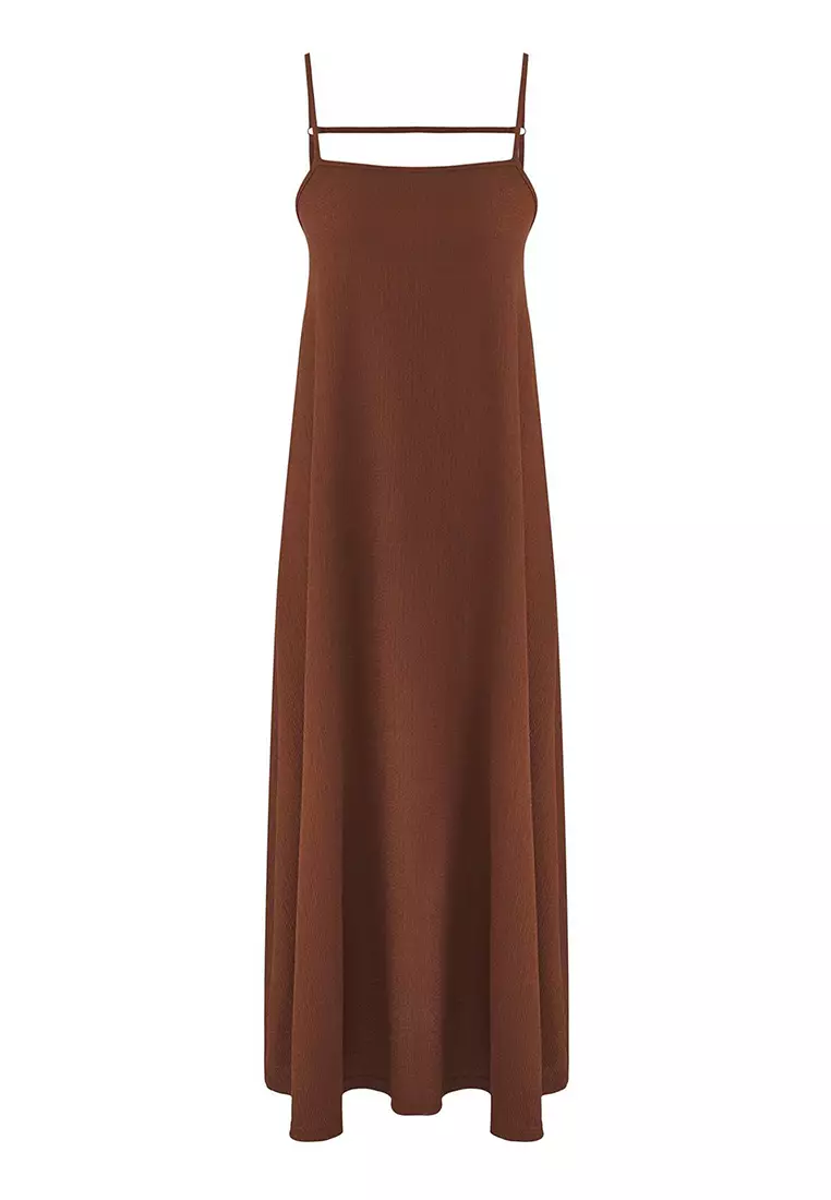 Brown Plain Adjustable Strap A-Line Crepe/Textured Knit Maxi Dress Twoss24El00060