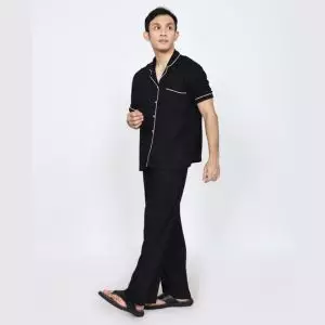 S/S COUPLE PIYAMA COTTON TENCEL Setelan Baju Tidur Pria Wanita BLACK