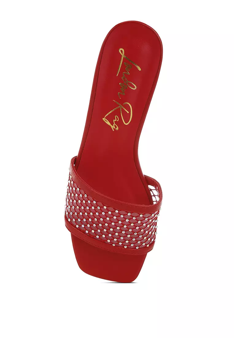 Rhinestone Studded Slip-On Heels In Red