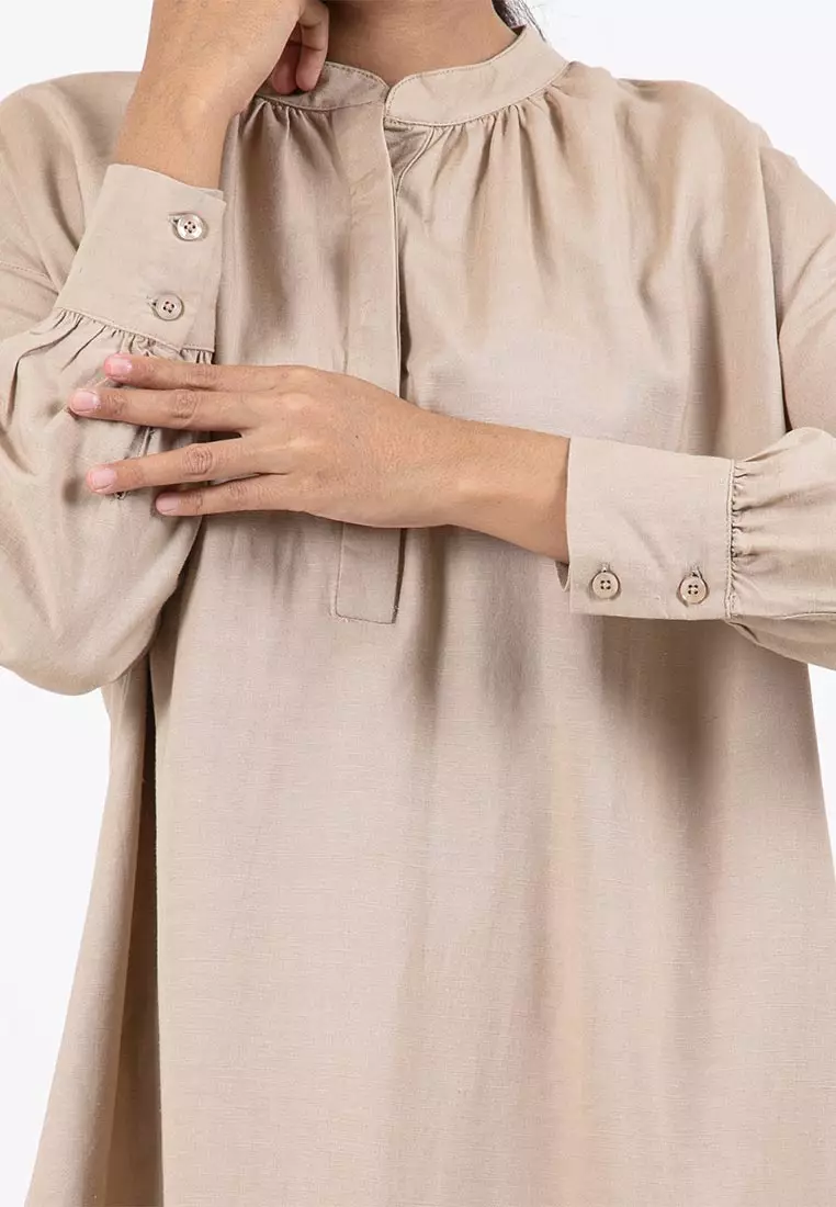 Forest Ladies Linen Oversized Band Collar Plain Blouse Women Long Sleeve Tunic | Baju Perempuan - 822391-13Khaki