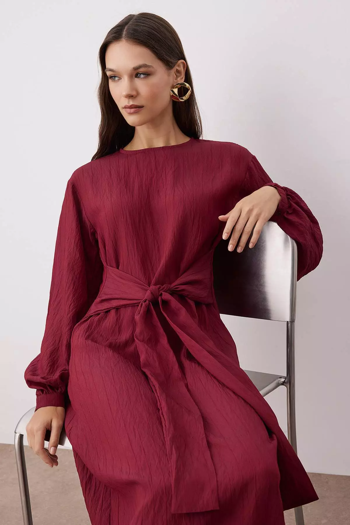Burgundy Tie-Front Unlined Woven Dress