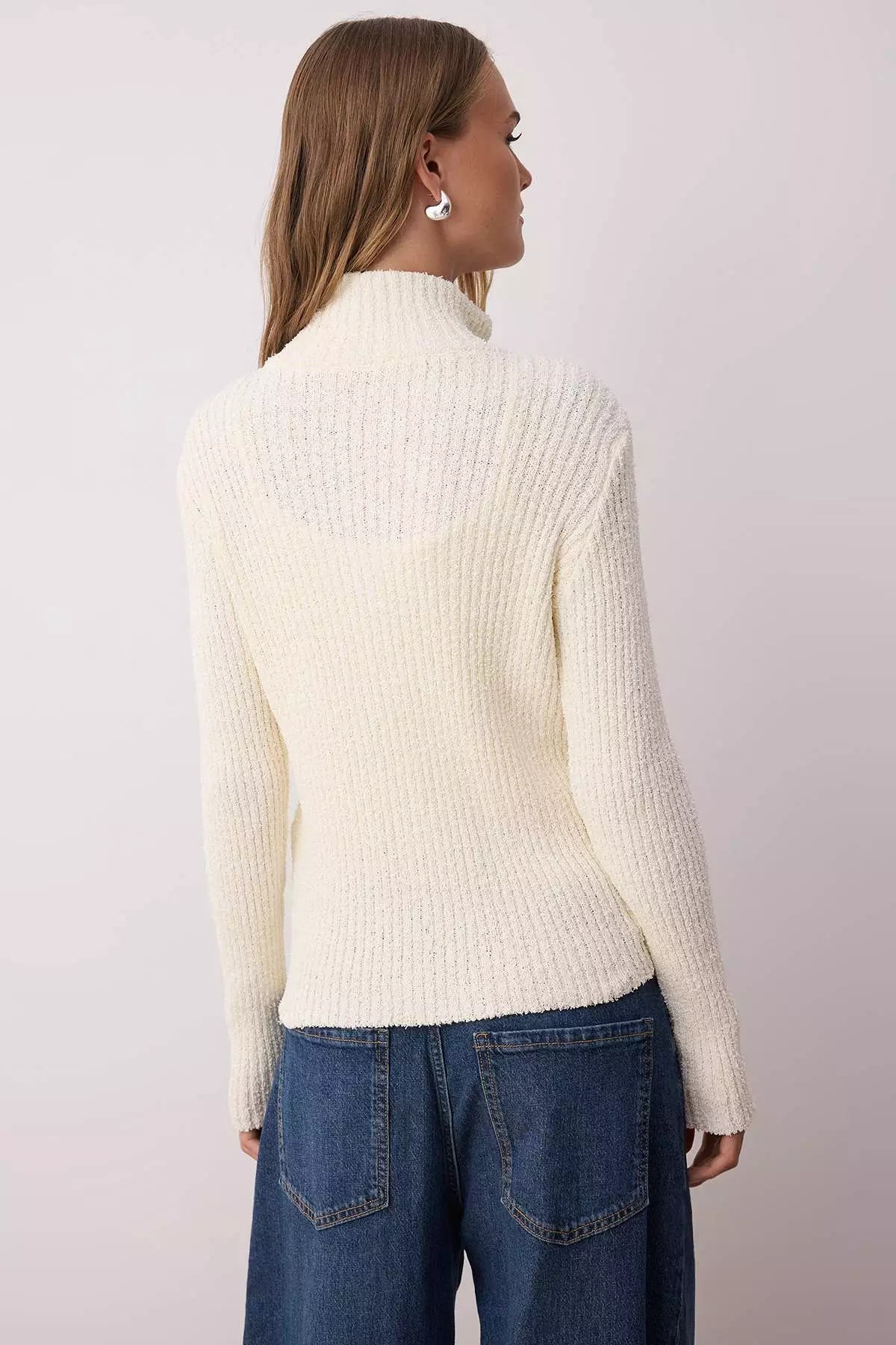 Stone Zipper Stand Collar Soft Textured Cotton Knitwear Cardigan