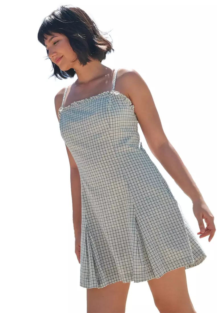 Strappy Box Pleat Checkered Dress With Ruffles