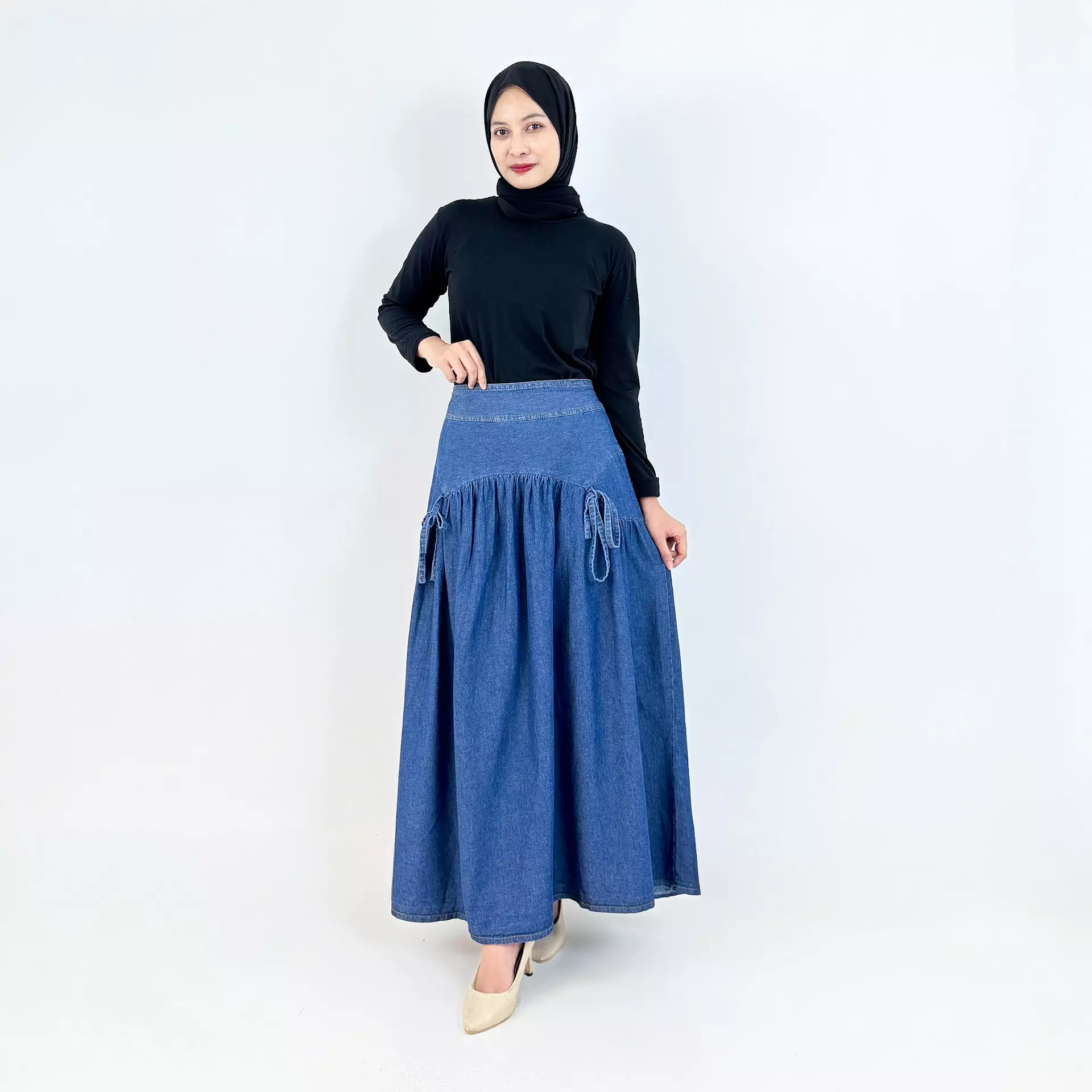 Flare Denim Skirt (Rok Panjang Soft Jeans Wanita Pita) Dark Blue