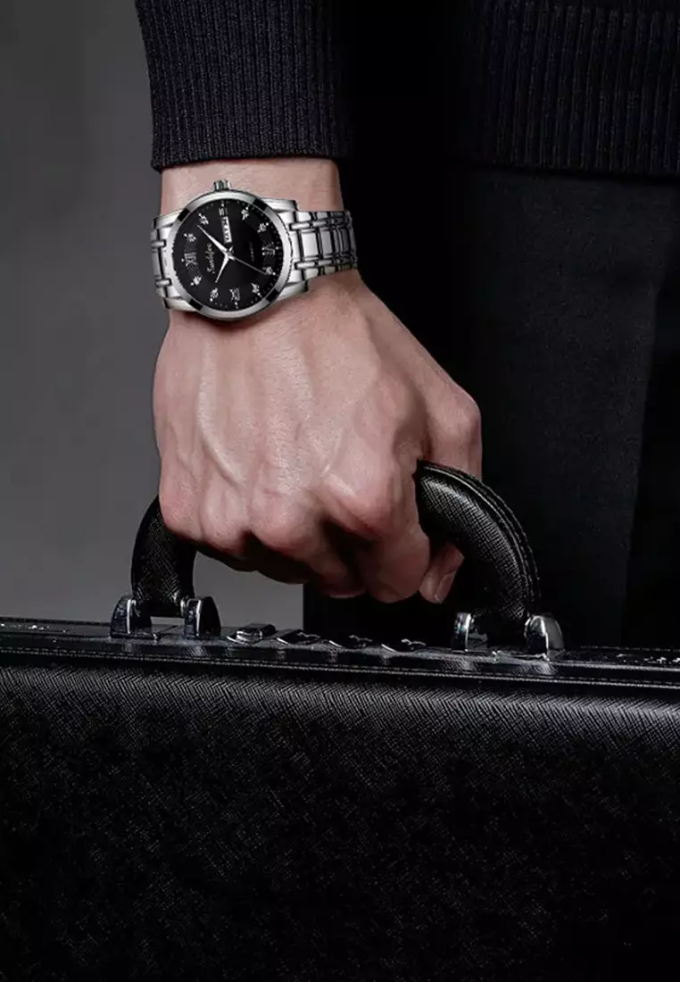 Jam Tangan Pria 9010 Kalender Kuarsa Tali Stainless Steel Bisnis Santai Jam Tangan Cowok silver black