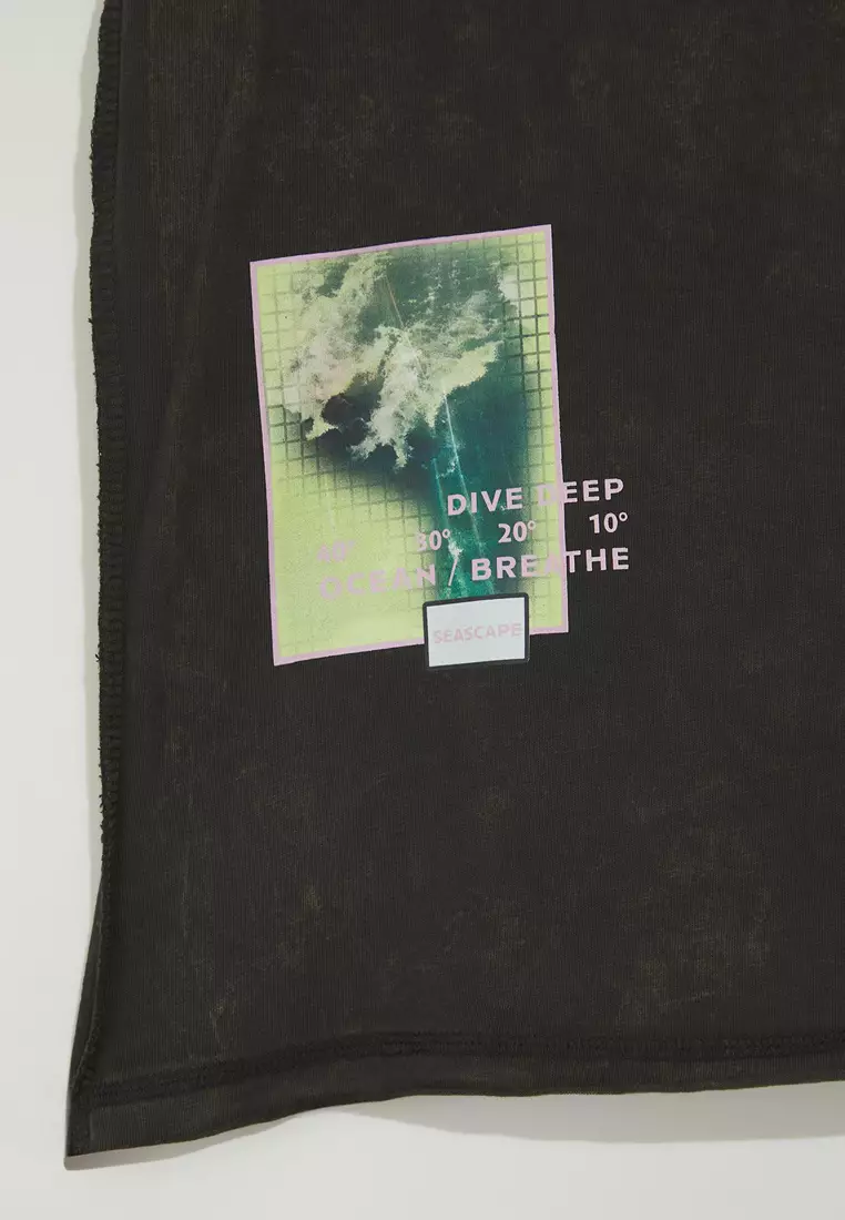 Black Oversize/Wide Cut Stitch Detail Printed T-Shirt TMNSS25TS00101