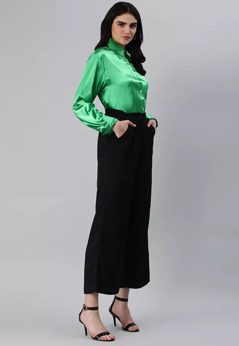 Green Long Sleeve Satin Shirt Blouse