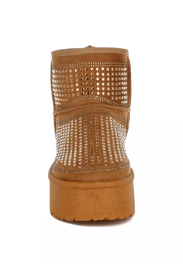 Chunky Rhinestones Ankle Boots in Tan