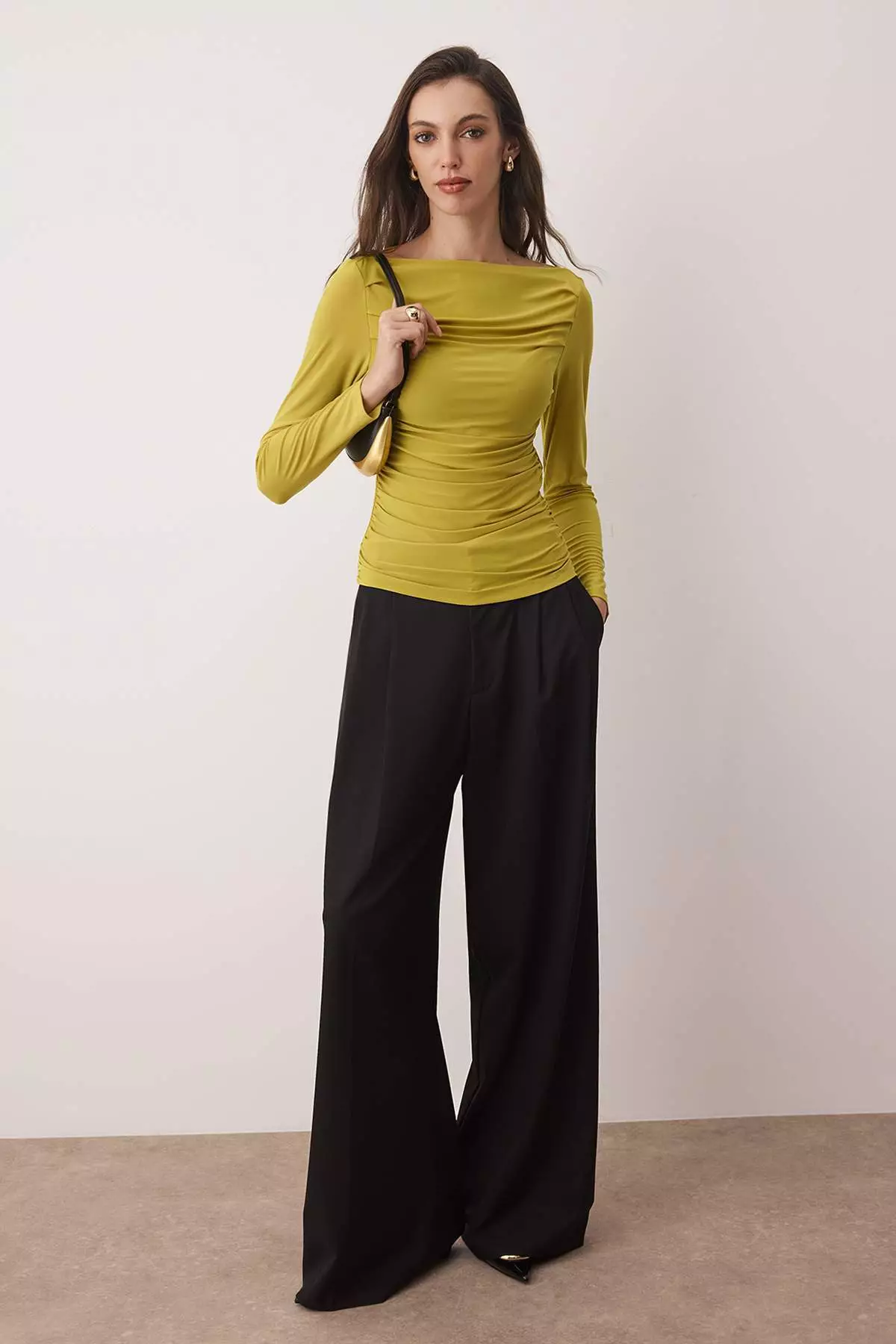 Oil Green Boat Neck Draped Body-Smoothing Flexible Knitted Blouse Twoaw25Bz00109