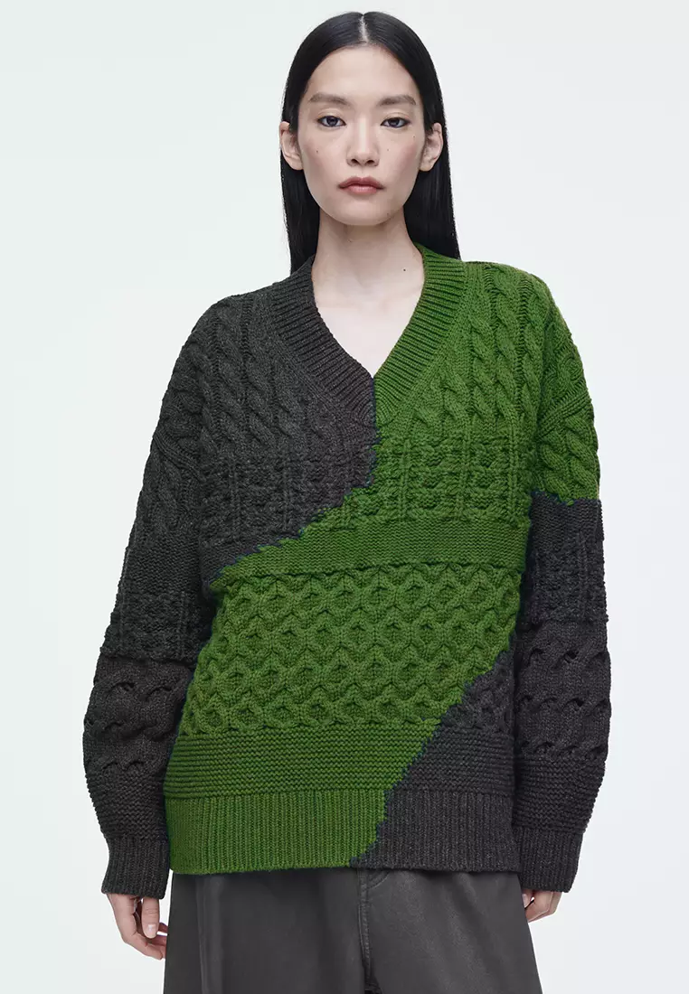 Abstract Cable-Knit Merino Wool Jumper