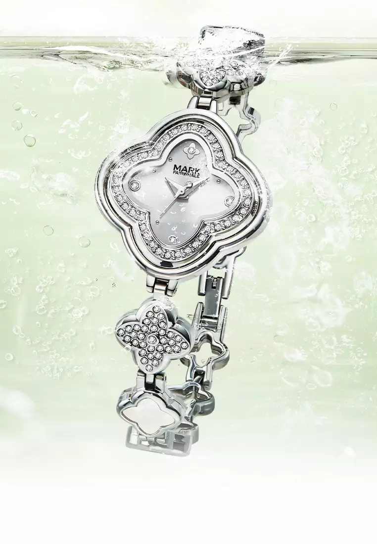 女士幸運四葉草不鏽鋼石英腕錶，鑲有水晶，金屬錶帶