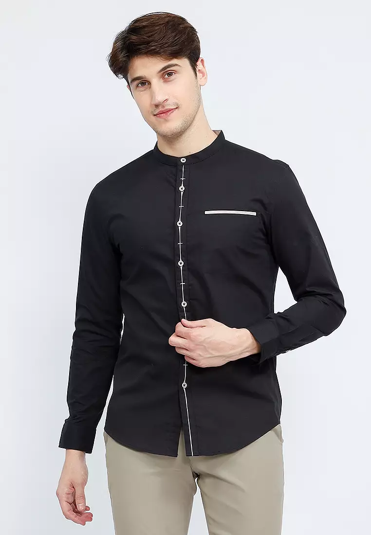 OXCON Kemeja Collarless long sleeve Dual Style Button Black
