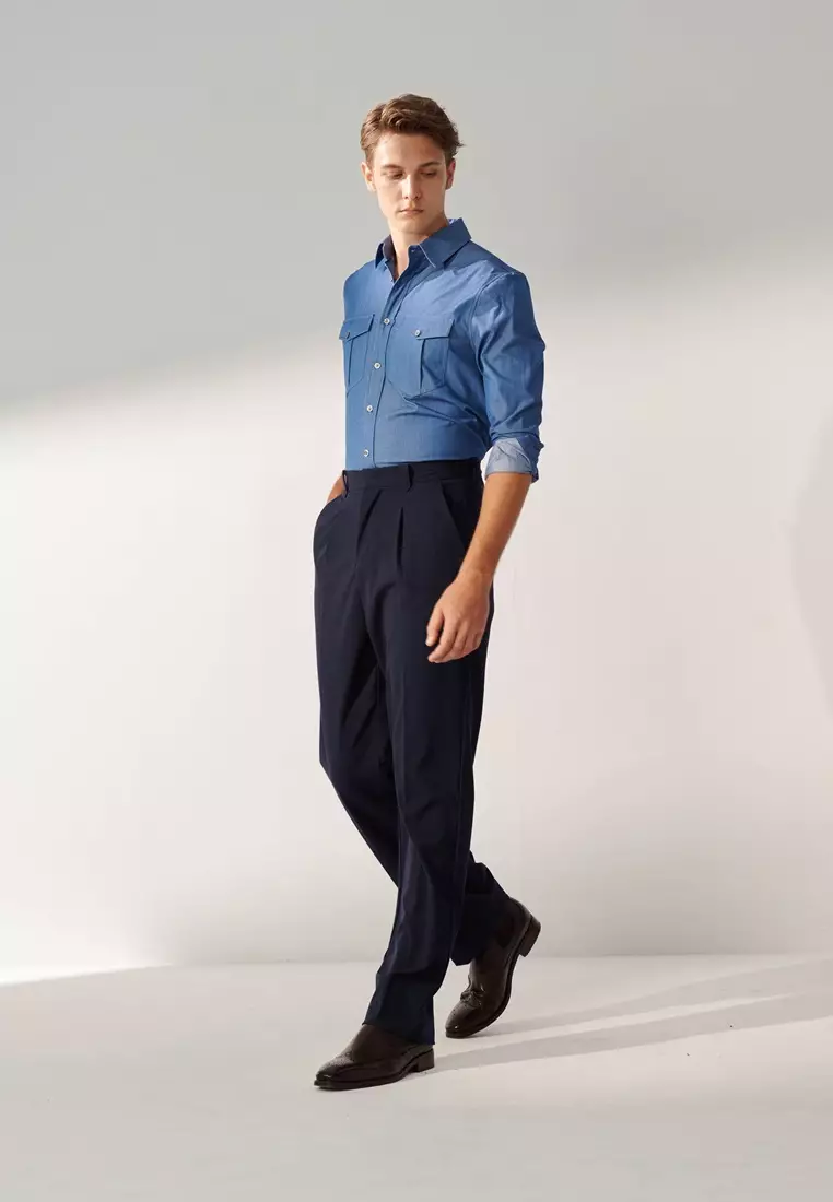 Sky Blue Double Pockets Casual Denim Shirt