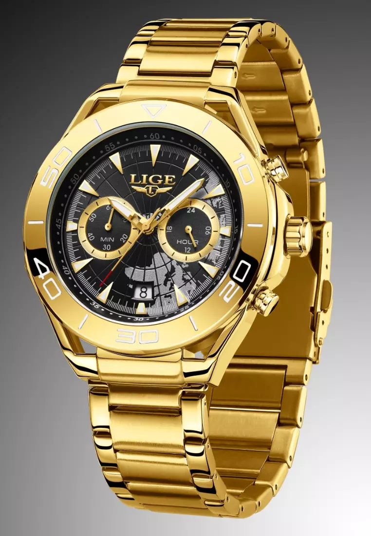 Chronograph Unisex IP Gold Color Stainless Steel Quartz Watch, 48mm, stainless steel bracelet