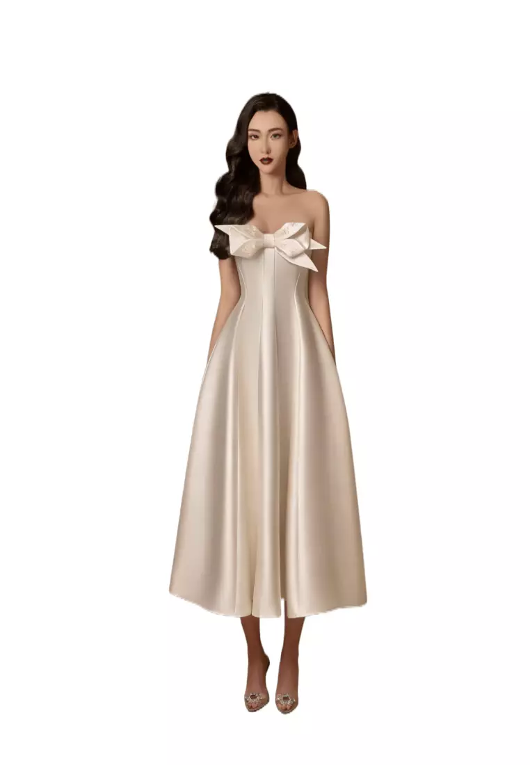 立體蝴蝶結抹胸晚禮服中長裙 CA26022425KI
