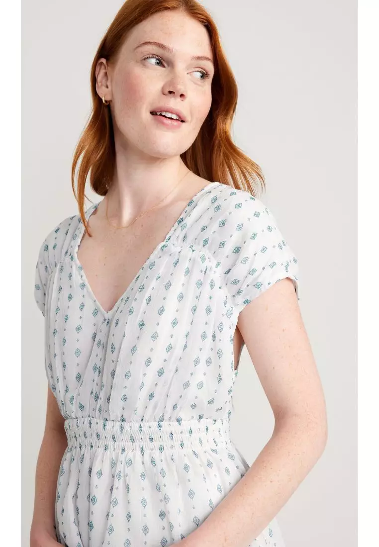 Waist-Defined Printed Dolman-Sleeve Top