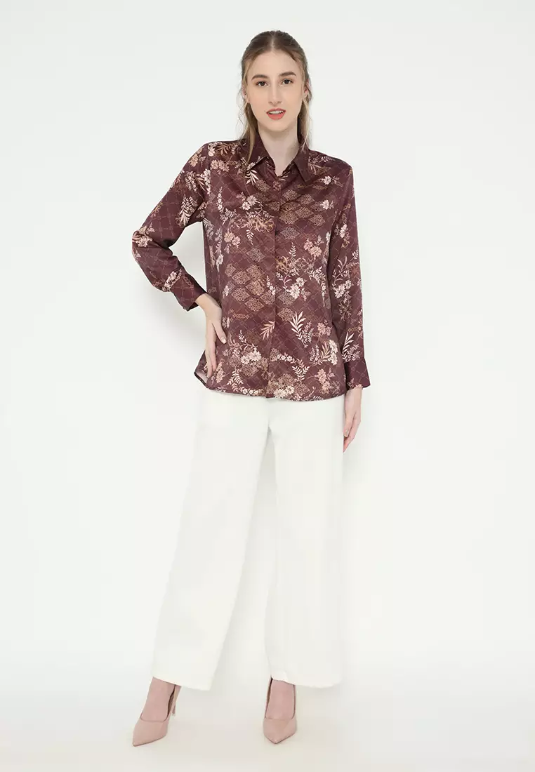 Floral Shirt Armany Silk Long Sleeve In Burgundy By Brilliant Girl Warna UNGU