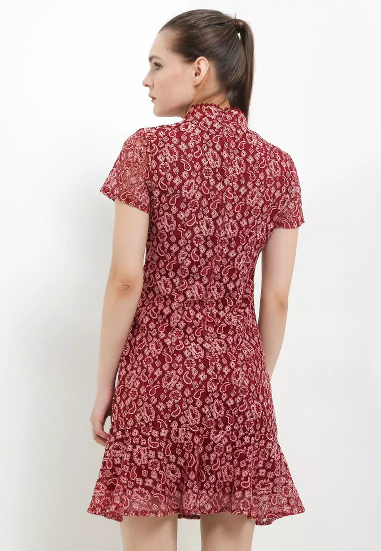 Ruffle Hem Two Tones Lace Qipao Dress