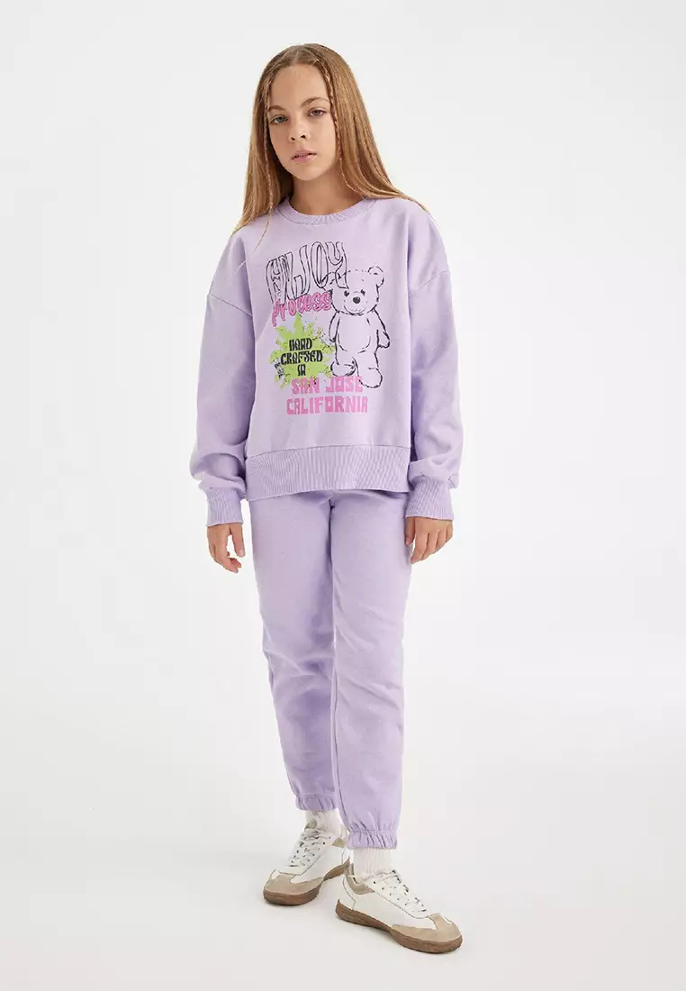 2-Piece Set Printed Crew Neck Thick Sweatshirt Elastic Waist Jogger Tracksuit