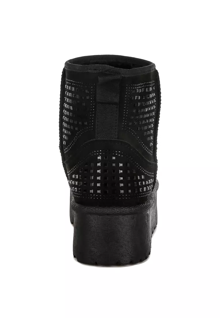 Sepatu Bot Pergelangan Kaki Berhias Berlian Imitasi Tebal Warna Hitam