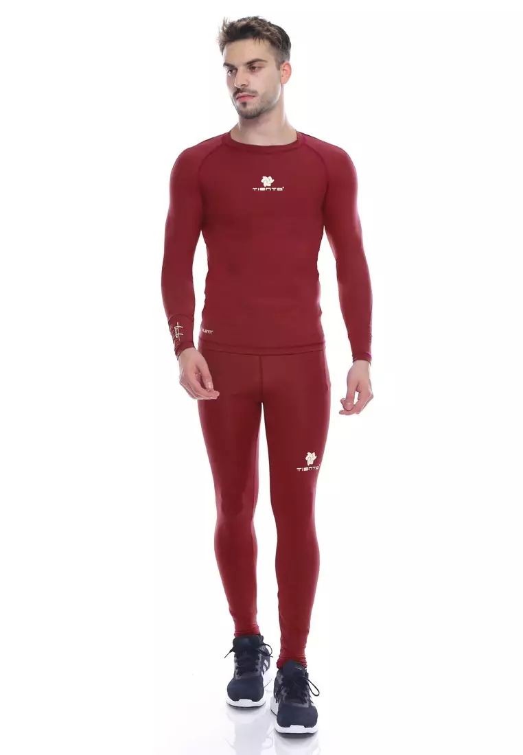 Tiento Man Baselayer Baju Ketat Manset Olahraga Pria Long Sleeve Maroon Rashguard Sport Original