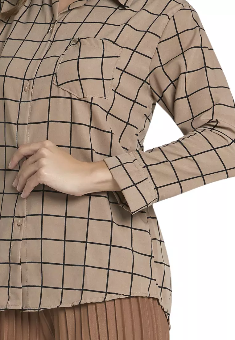 Osvald Blouse Long Sleeve Motif Kotak-Kotak Atasan Baju Wanita Casual - Mocca