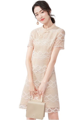 OUNIXUE beige National Style Improved Waist Cheongsam Skirt 66AC7AAACF360BGS_1