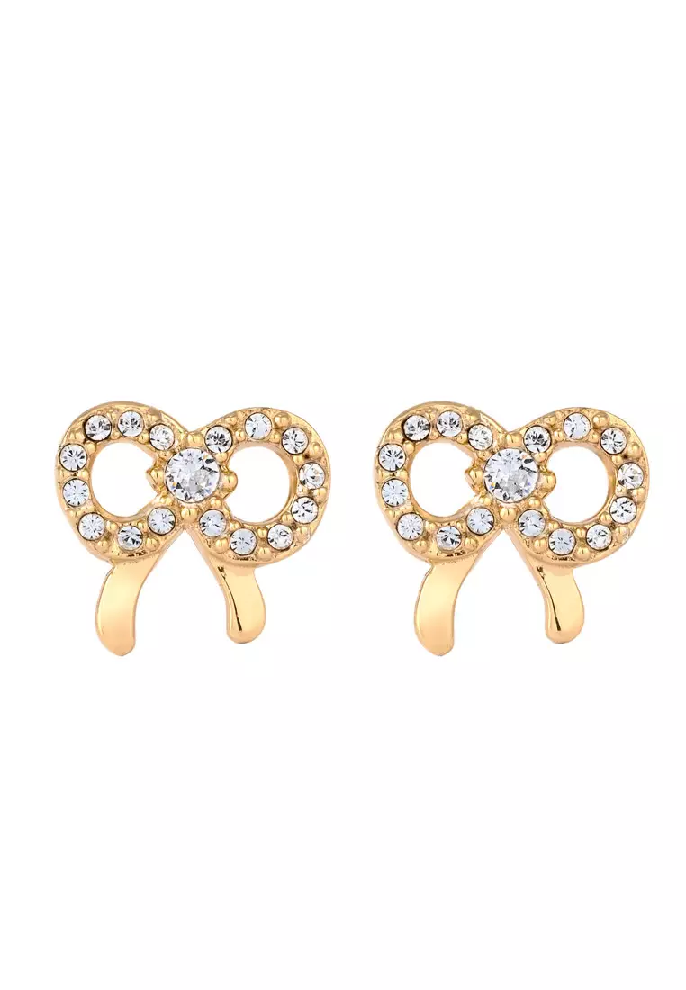 Anting Perhiasan Perak 925 Wanita Stud Ribbon Crystals Gold Plated