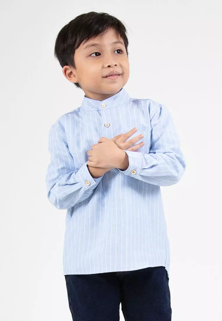 Forest Kids Boys Cotton Striped Long Sleeve Collar Shirt | Baju Kemeja Budak Lelaki Lengan Panjang - FK20262-31Blue