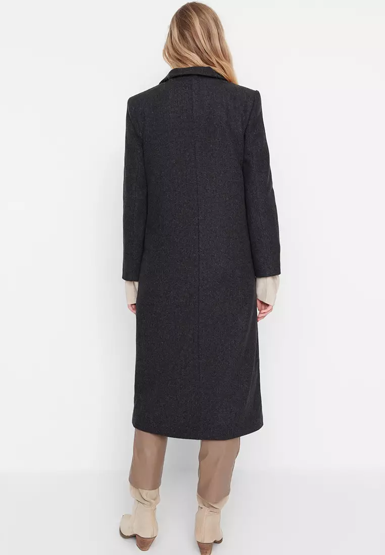 Herringbone Patterned Long Stamped Coat