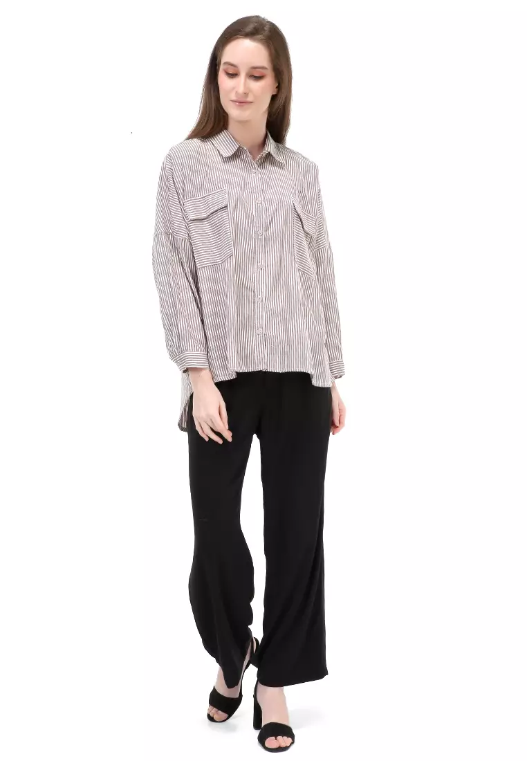 Dania Kemeja Long Sleeves Wanita Motif Bergaris Atasan Wanita Casual - Brown