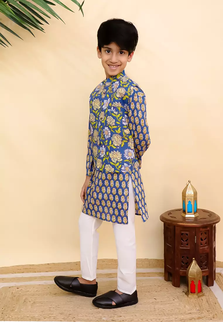 The Mom Store Blaze Boys Jacket And Kurta Pajama Set - Blue