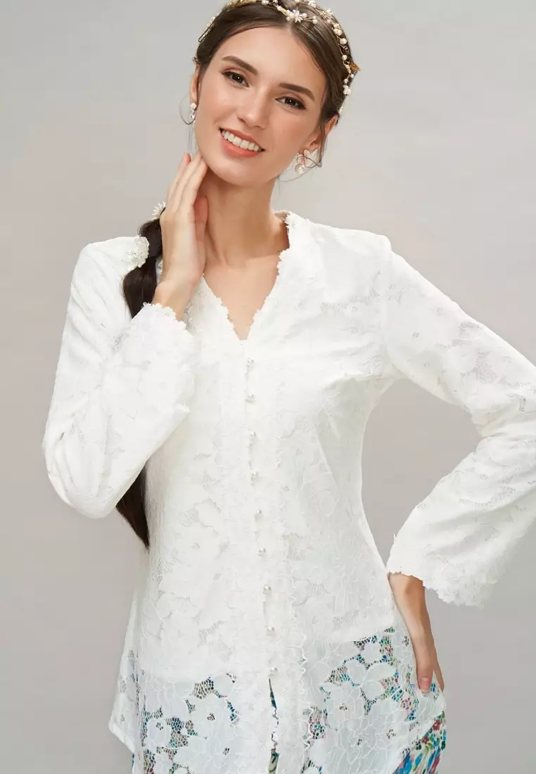 Premium White Applique Lace Kebaya Top & Teal Floral Maxi Skirt Hari Raya
