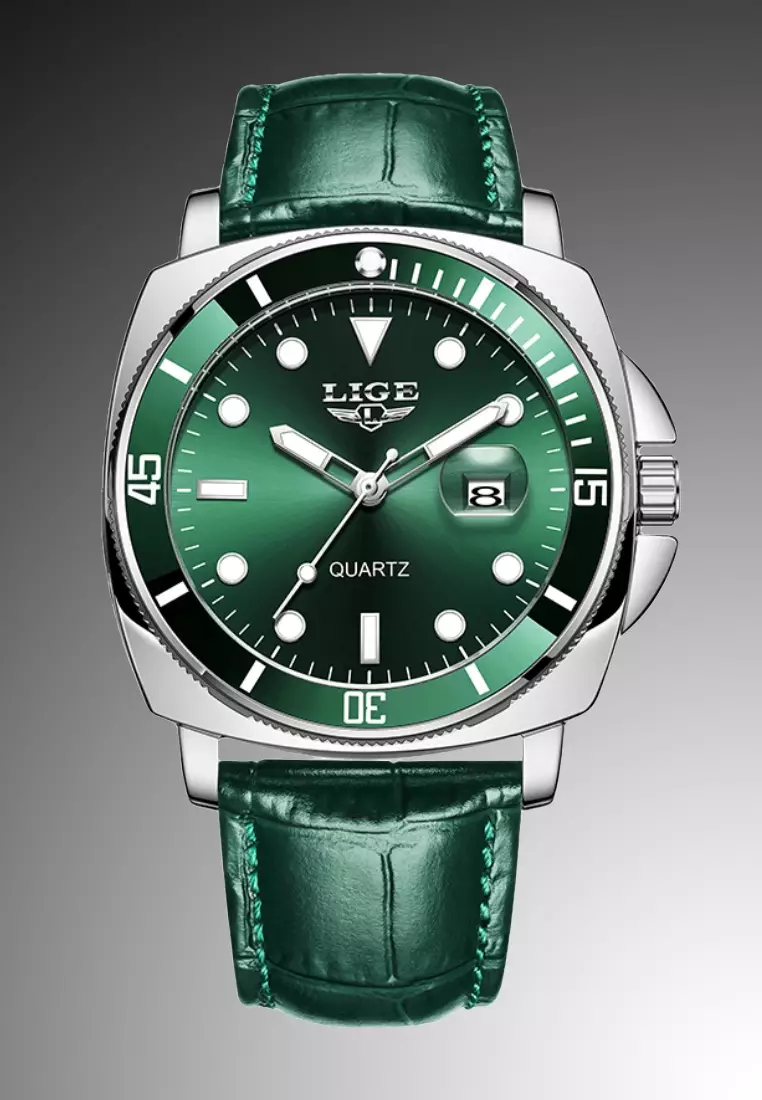 Unisex Classic Diver's Stainless Steel Quartz Watch with turning Bezel, Leather Strap