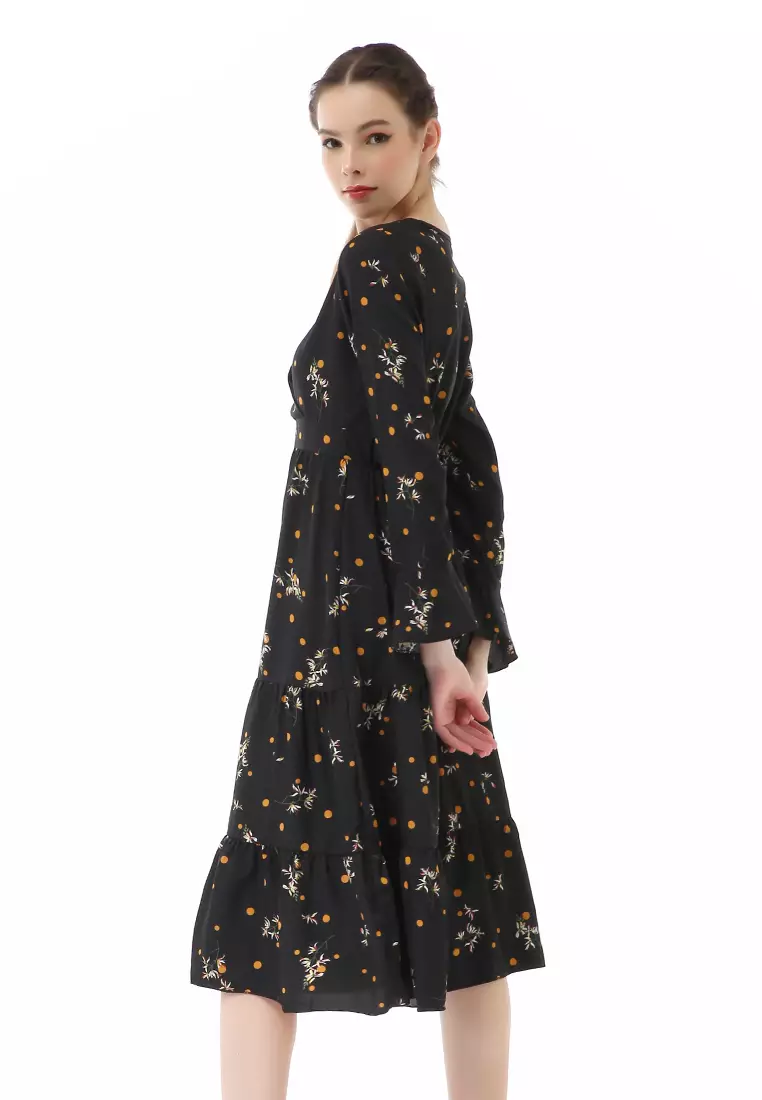 Rachel Midi Dress Kasual Wanita Long Sleeve Leaf Motve Material Chiffon ORIGINAL - Black