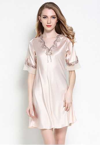 SMROCCO beige Silk Plus Size Nightie Dress 49746AADA31D27GS_1