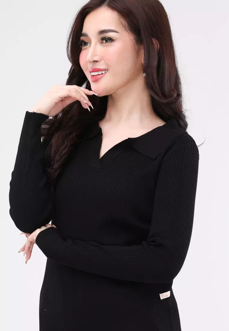 Knitted Long Sleeves Collared Blouse
