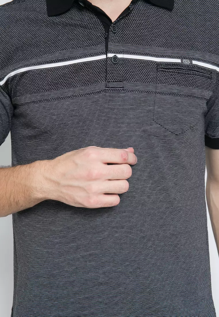 LGS - Regular Fit - Kaos Casual - Motif Garis Putih - Hitam