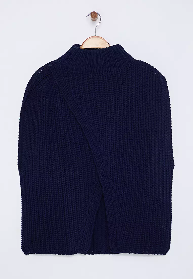 Navy Blue Stand Collar Slit Poncho TWOAW25PA00000
