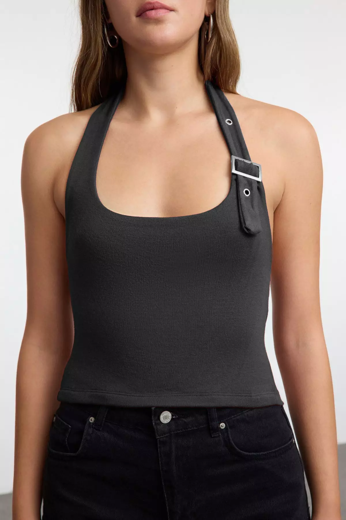 Anthracite Neck Tie Belt Detailed Fitted Knitted Blouse TWOSS24BZ00580