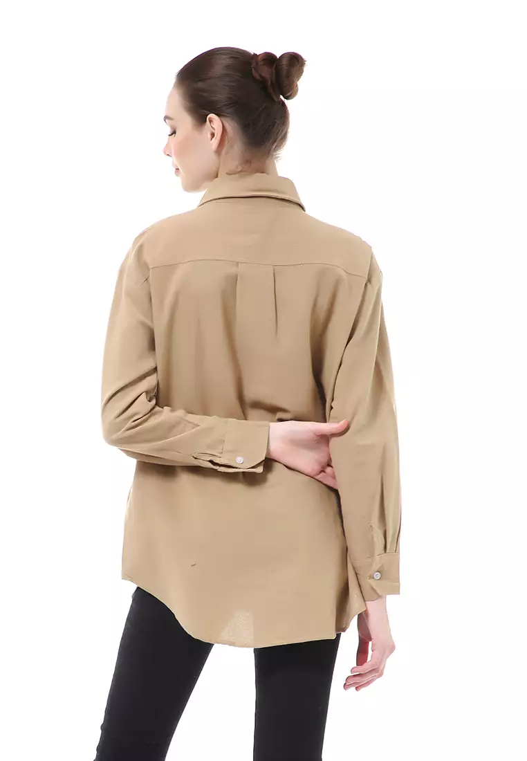 Brielle Atasan Wanita Kemeja Oversize Lengan Panjang Double Pocket Material Linen ORIGINAL - Mocca