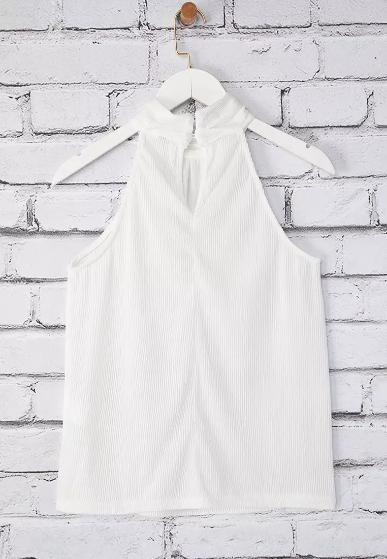 Ecru Regular/Normal Pattern Stand Collar Fit Pleated Flexible Knitted Blouse TWOSS23BZ00952