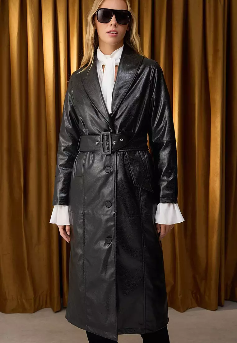 Special Collection Black Faux Leather Fur Detailed Mono Closure Oversize Long Coat