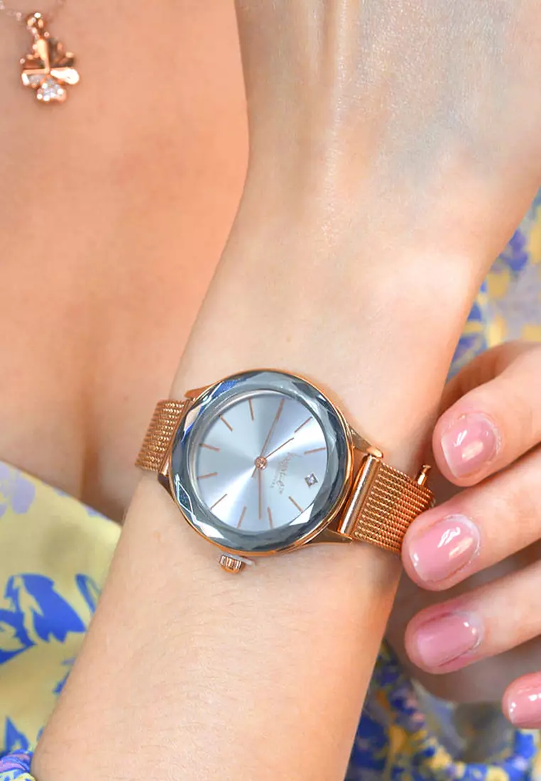 Geometric Mineral Glass Feat SWAROVSKI®Crystal Watch Rose Gold White