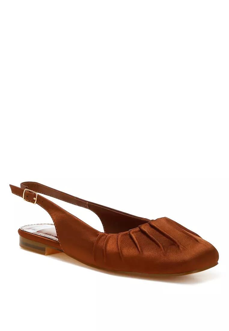 Satin Square Toe Flat Slingback in Brown