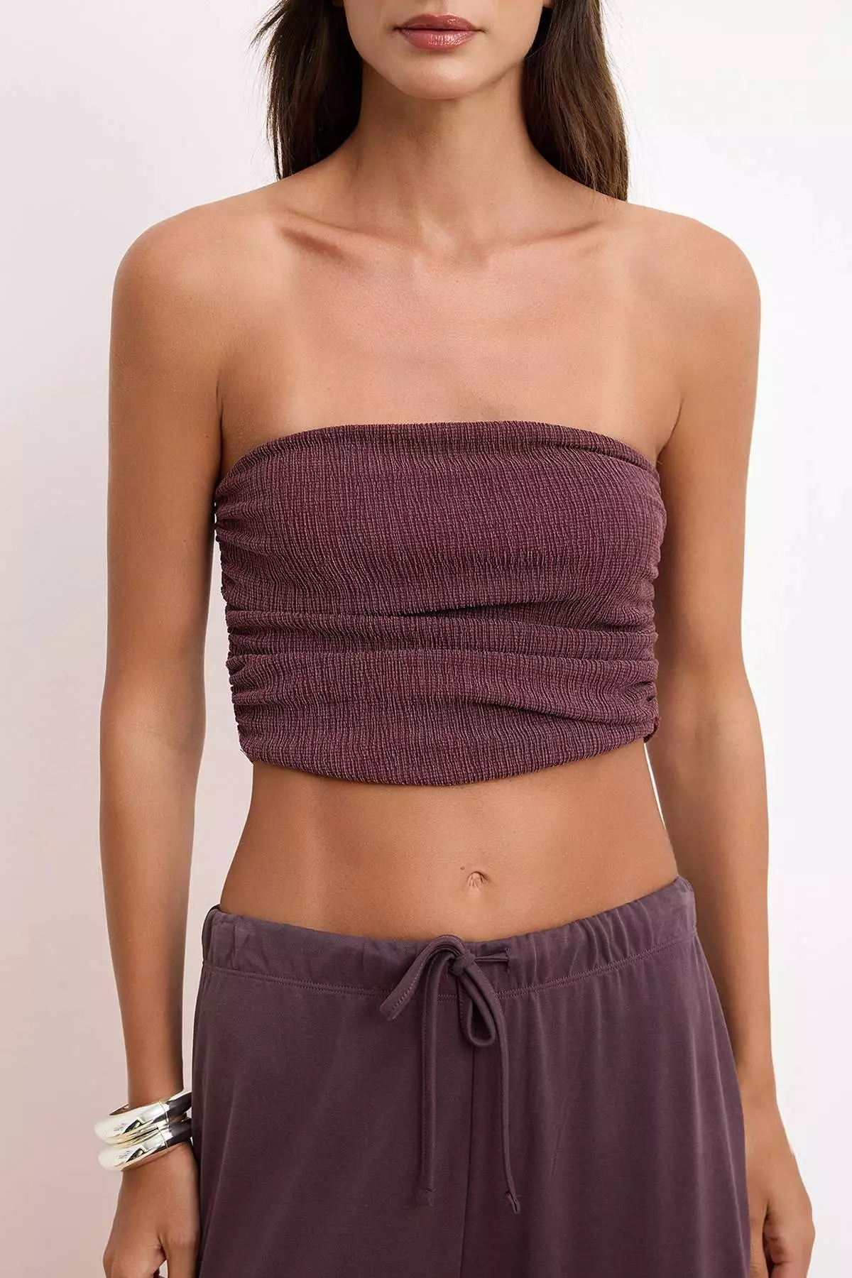 Burgundy Pink Strapless Shirred Stretchy Knitted Blouse Twoss24Bz216